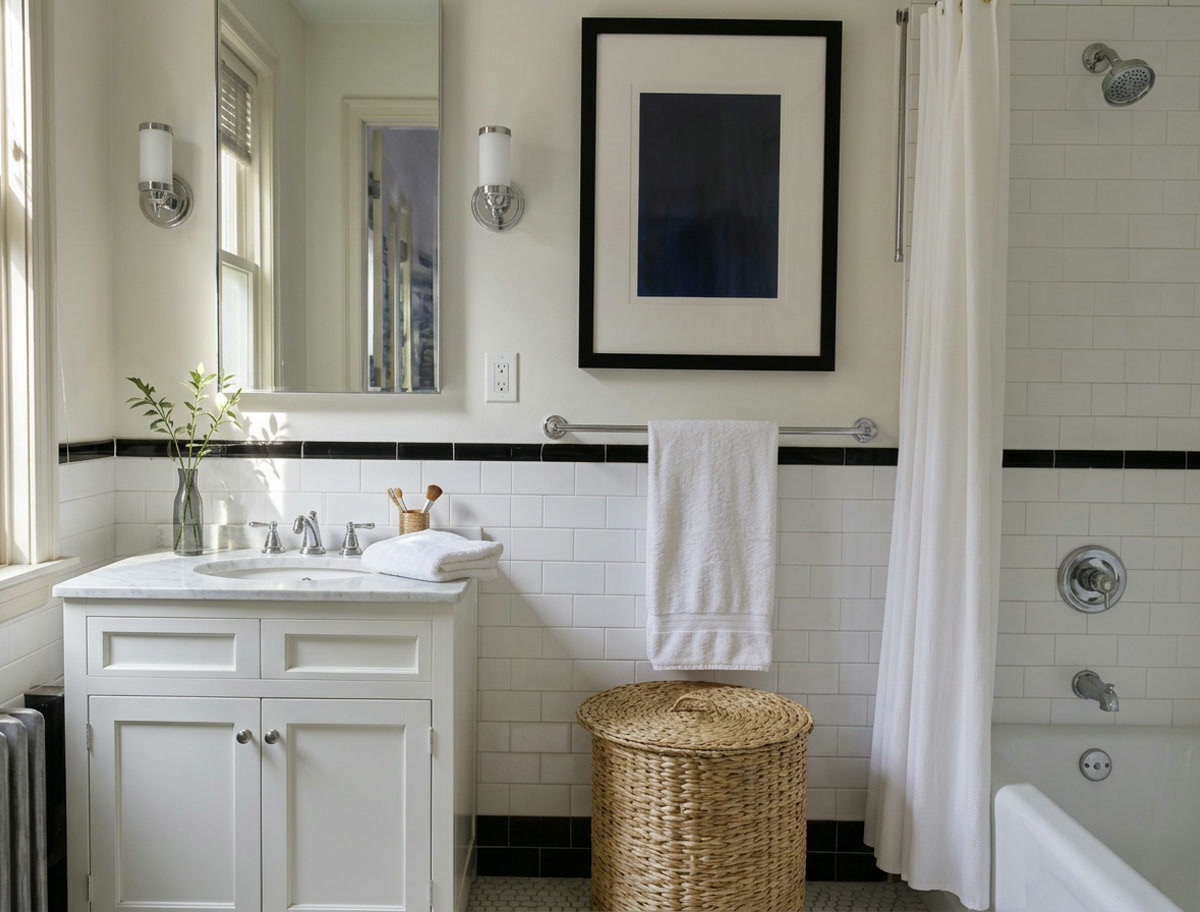 The same pre-war NYC bathroom after cleaning, with polished tile and folded towels
