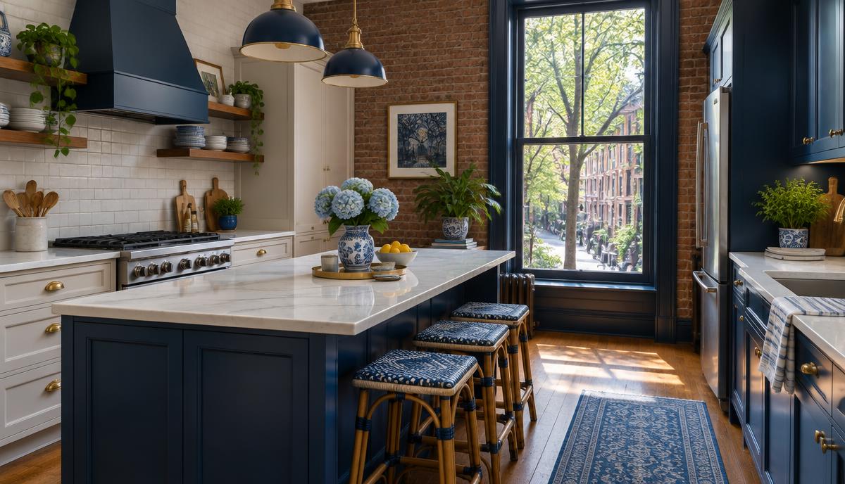 Clean Brooklyn brownstone kitchen with exposed brick and a window onto a tree-lined street