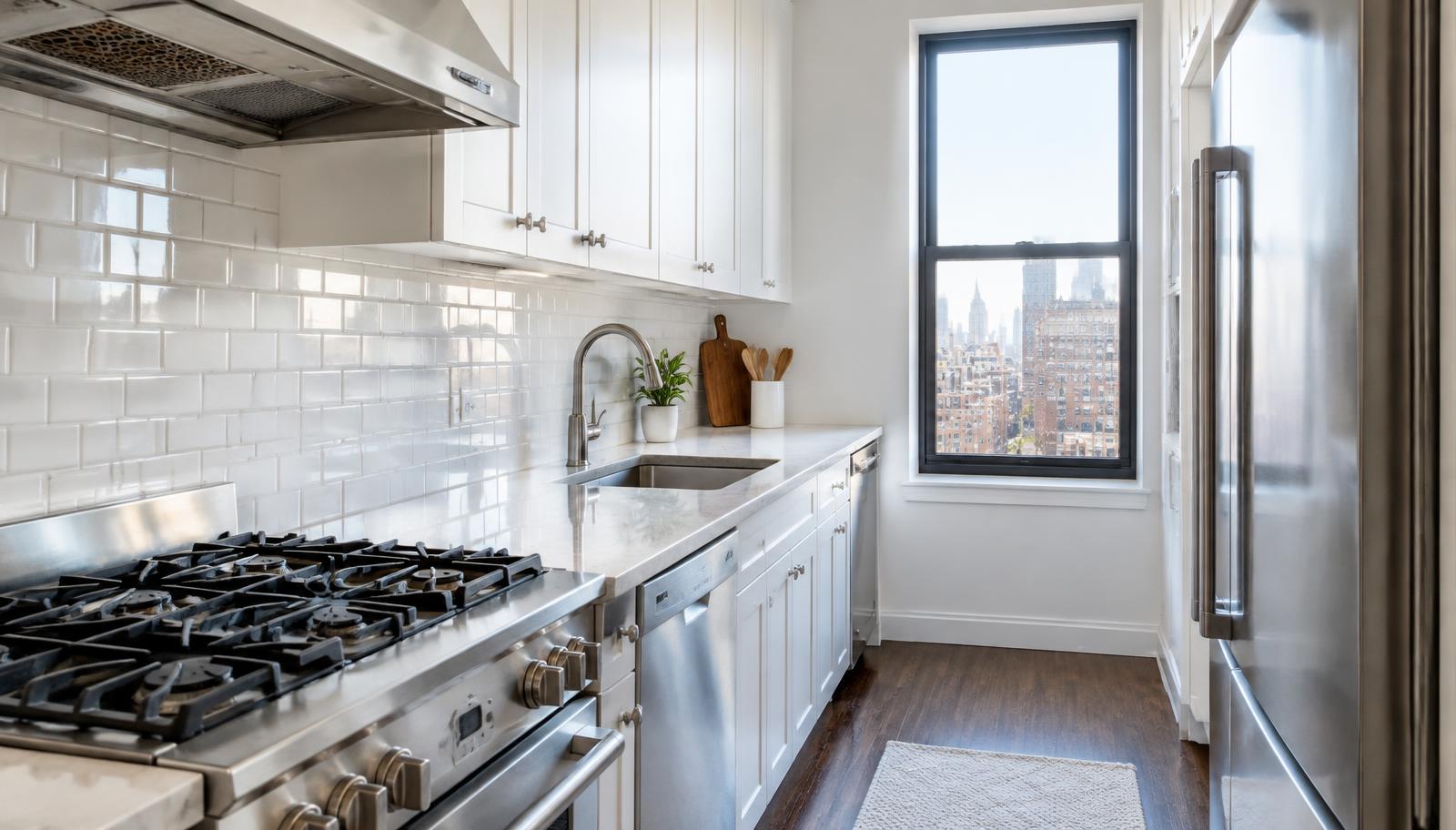 Spotless, deep-cleaned NYC galley kitchen with gleaming stovetop and white subway tile