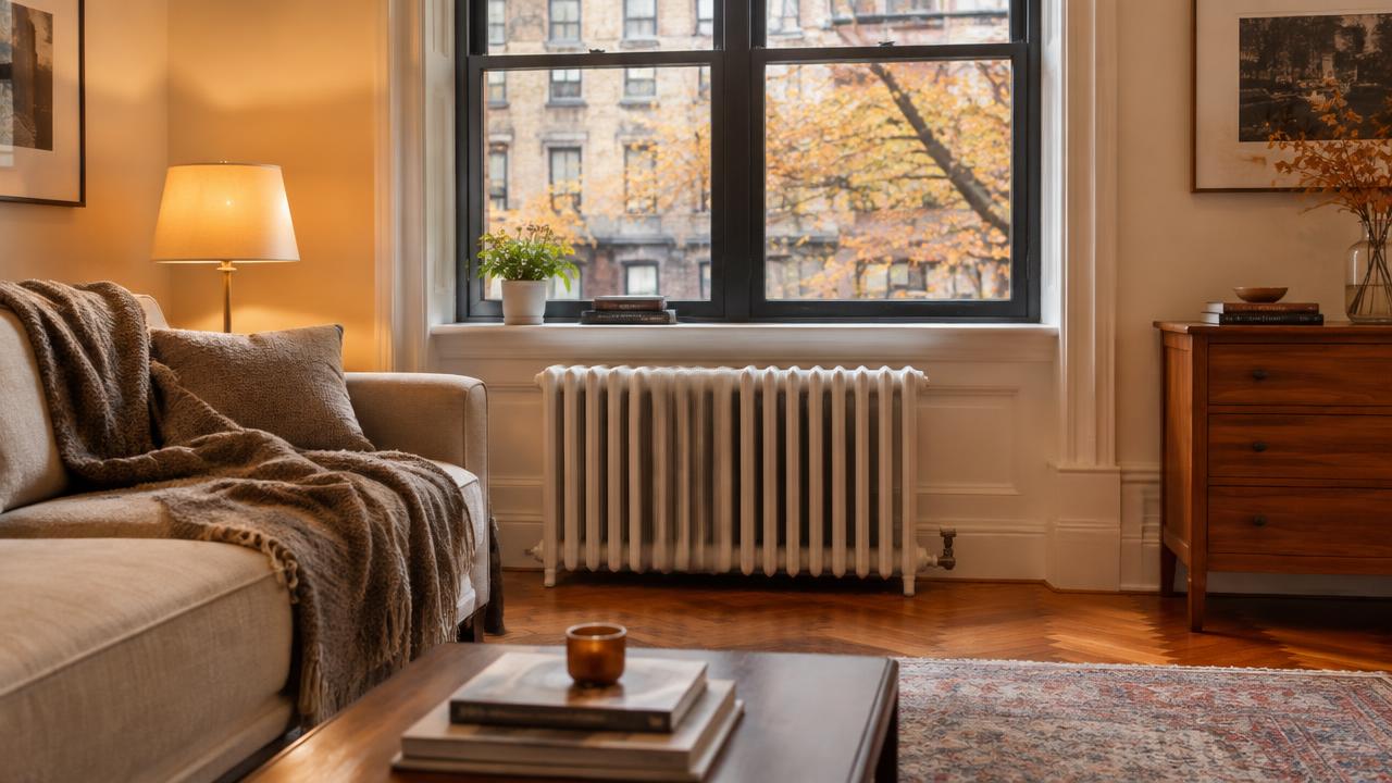 Clean prewar NYC apartment in autumn with a white radiator under a window
