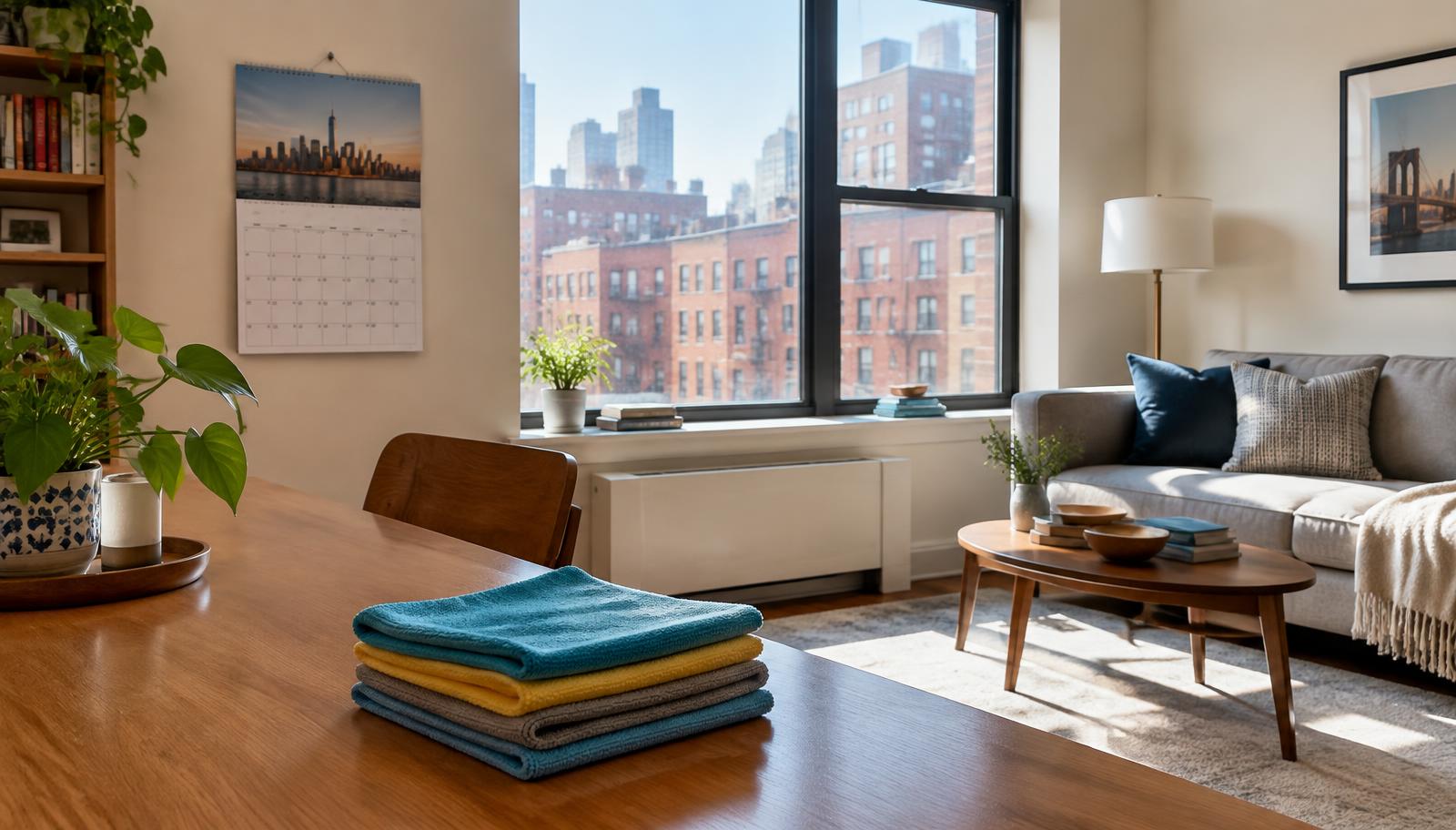 Tidy NYC apartment living room with a wall calendar and folded cleaning cloths on the table