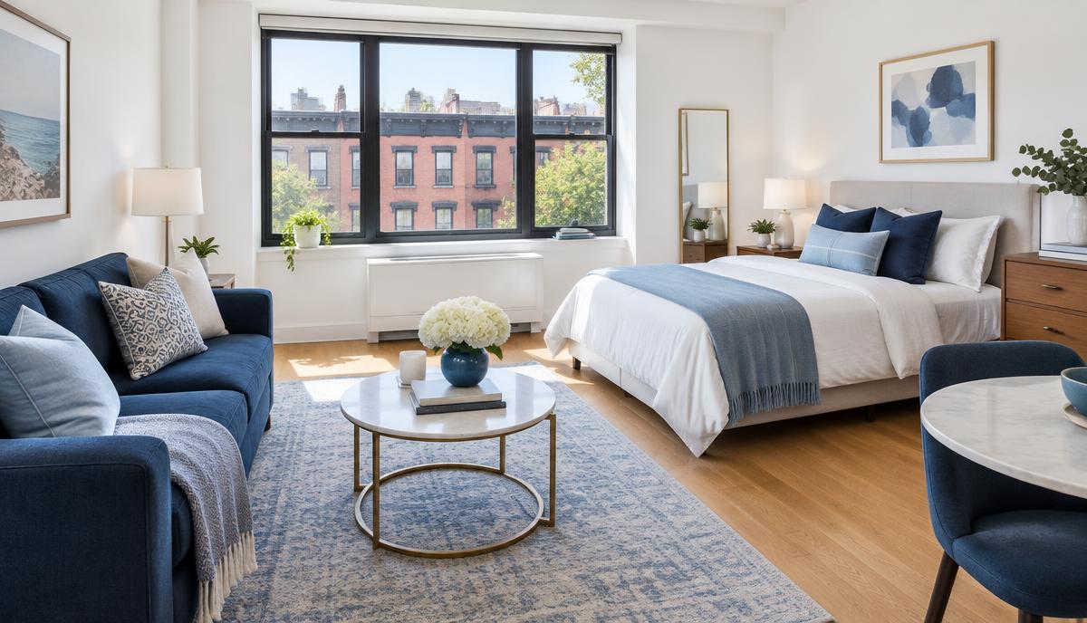 Bright, freshly cleaned Manhattan studio apartment with a window overlooking brick townhouses