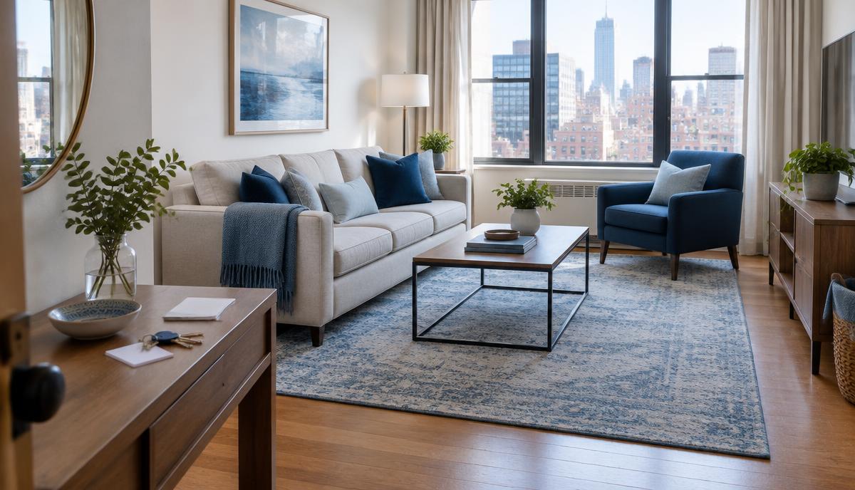 Tidy NYC living room with a clear coffee table and keys and a note left on the entry console