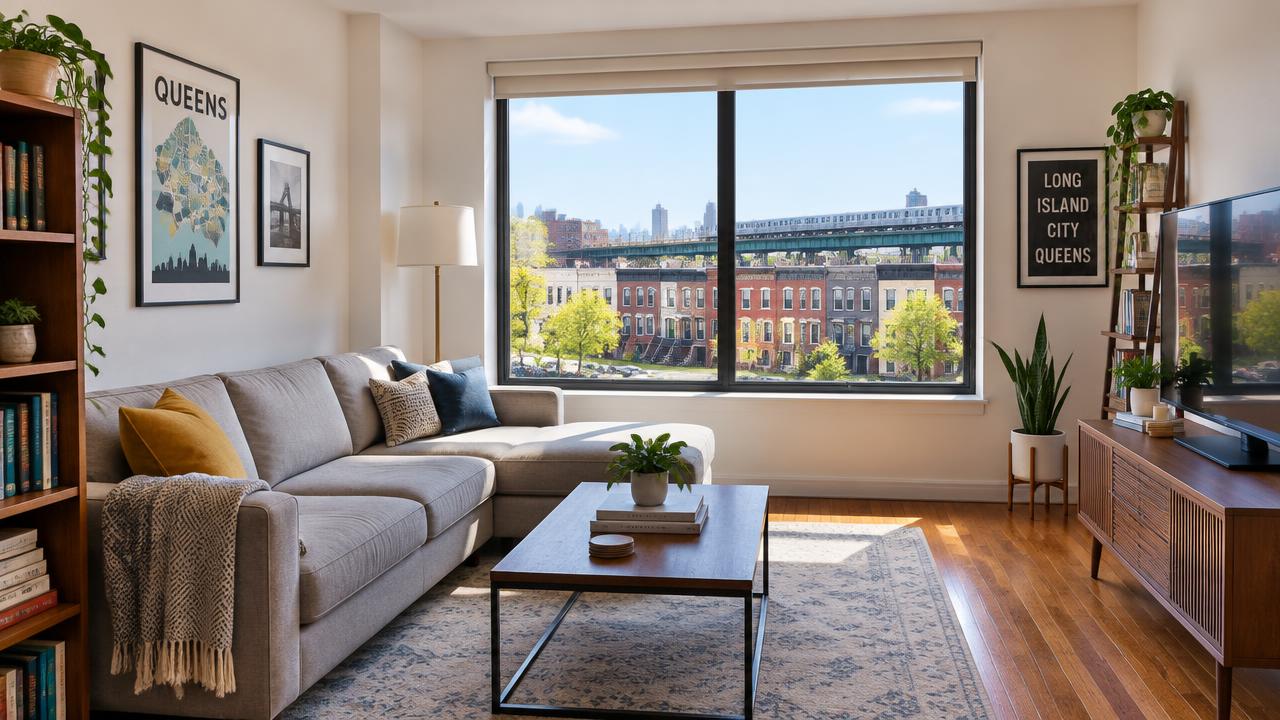 Bright, freshly cleaned Queens apartment living room with a view of rowhouses and the elevated train
