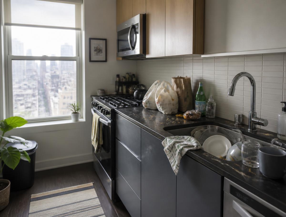 NYC apartment kitchen before cleaning, with dishes in the sink and cluttered counters